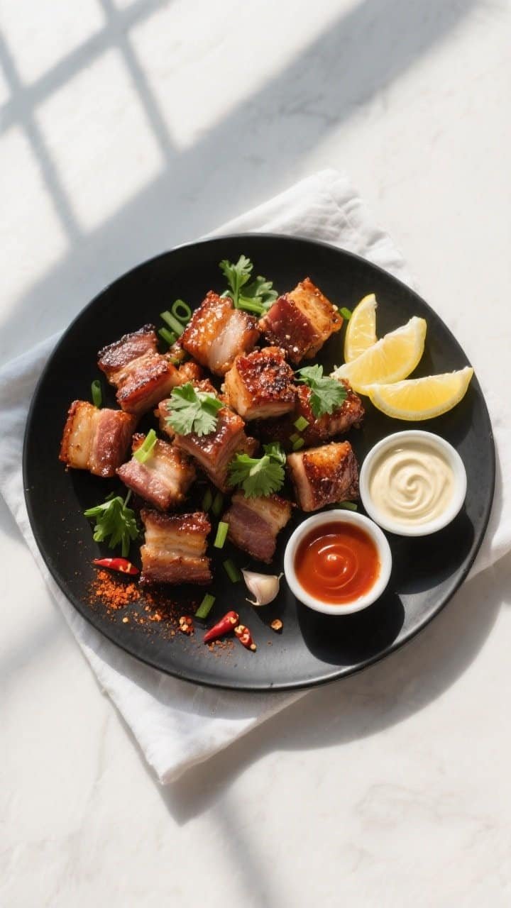 Tasty top view final dish: Overhead shot of a matte black platter piled with pork belly bites, evenl