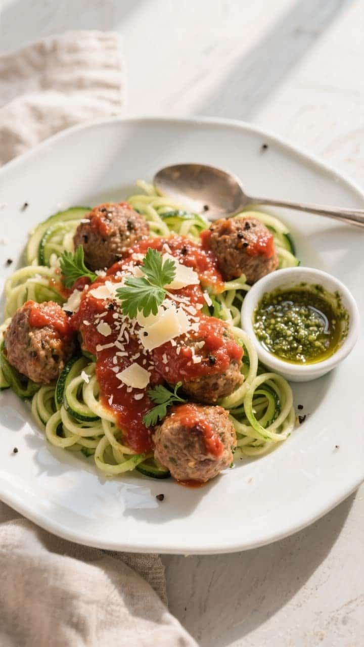 Tasty top view: Final plated Air Fryer Keto Turkey Meatballs over twirled zucchini noodles, spooned