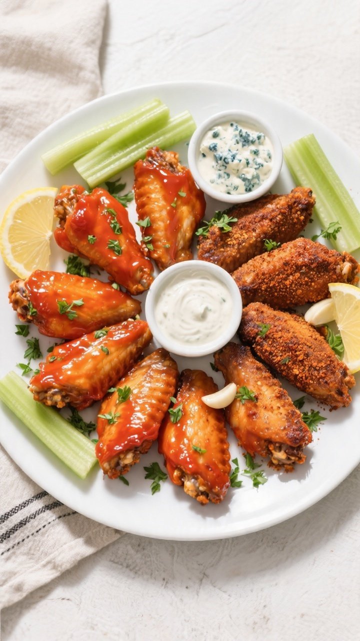 Tasty top view, final presentation: Overhead shot of sauced 5-ingredient air fryer chicken wings arr
