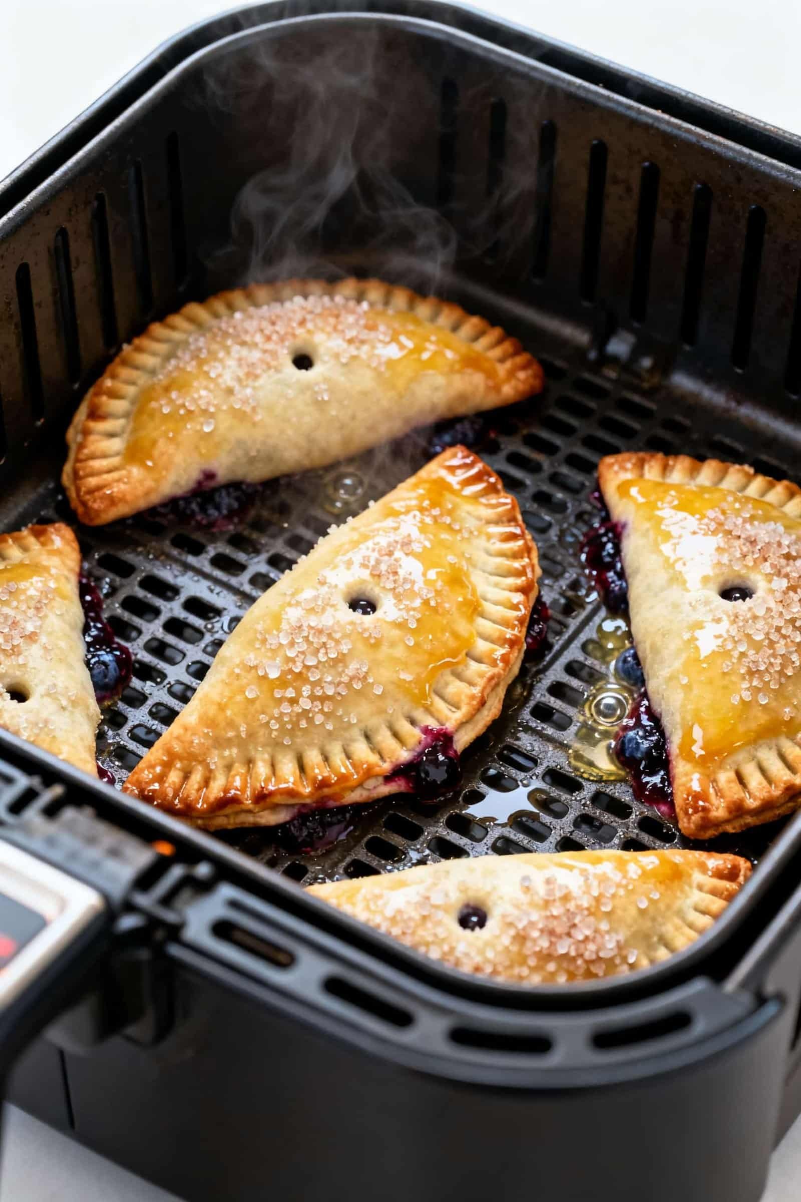 Close-up detail, cooking process: Air fryer blueberry hand pies mid-cook in an open air fryer basket