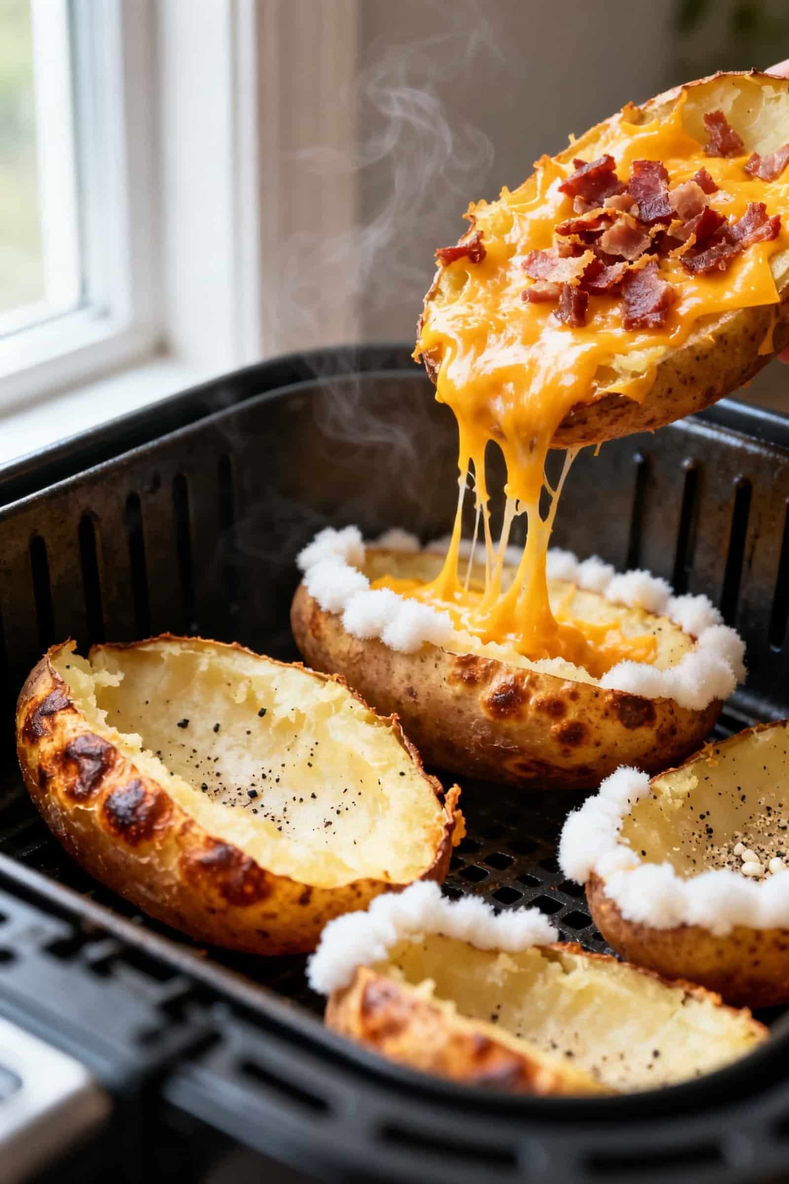 Close-up detail shot: Air fryer potato skins just after the “crisp the shells” step, cut side up