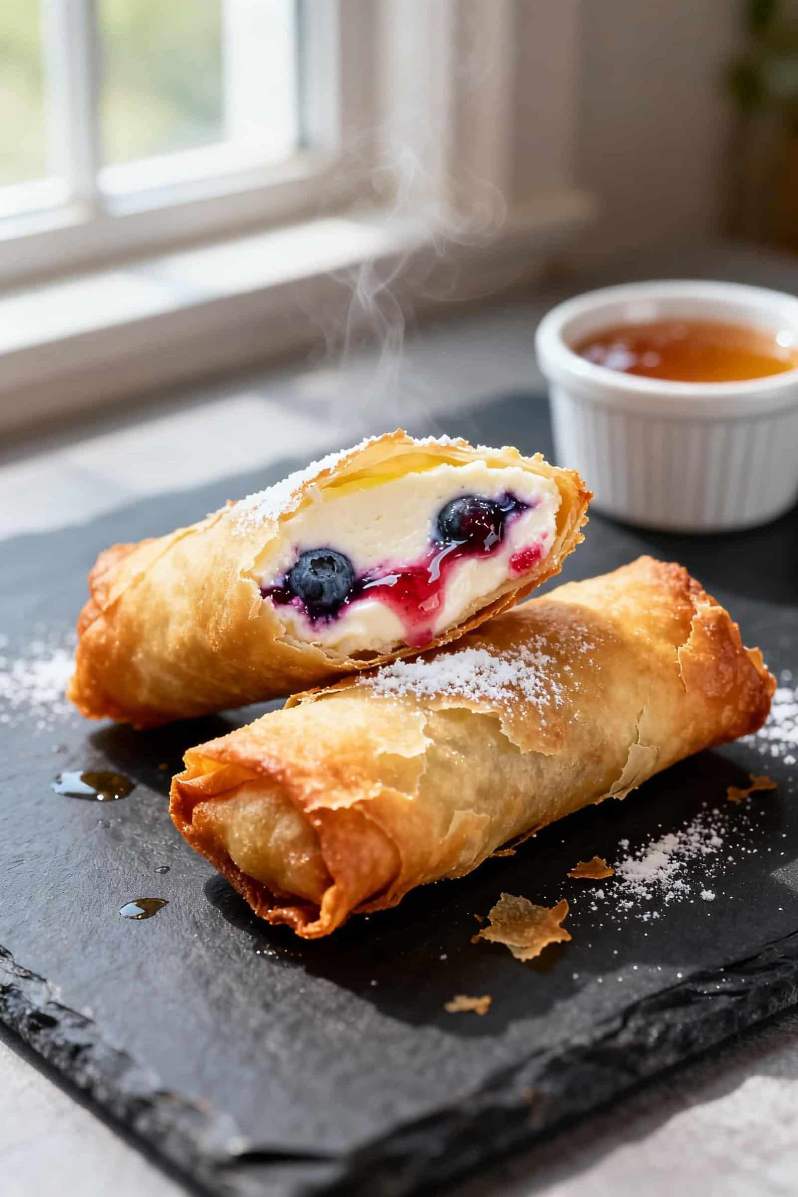 Close-up detail shot of freshly air-fried berry cheesecake egg rolls just out of the basket: golden