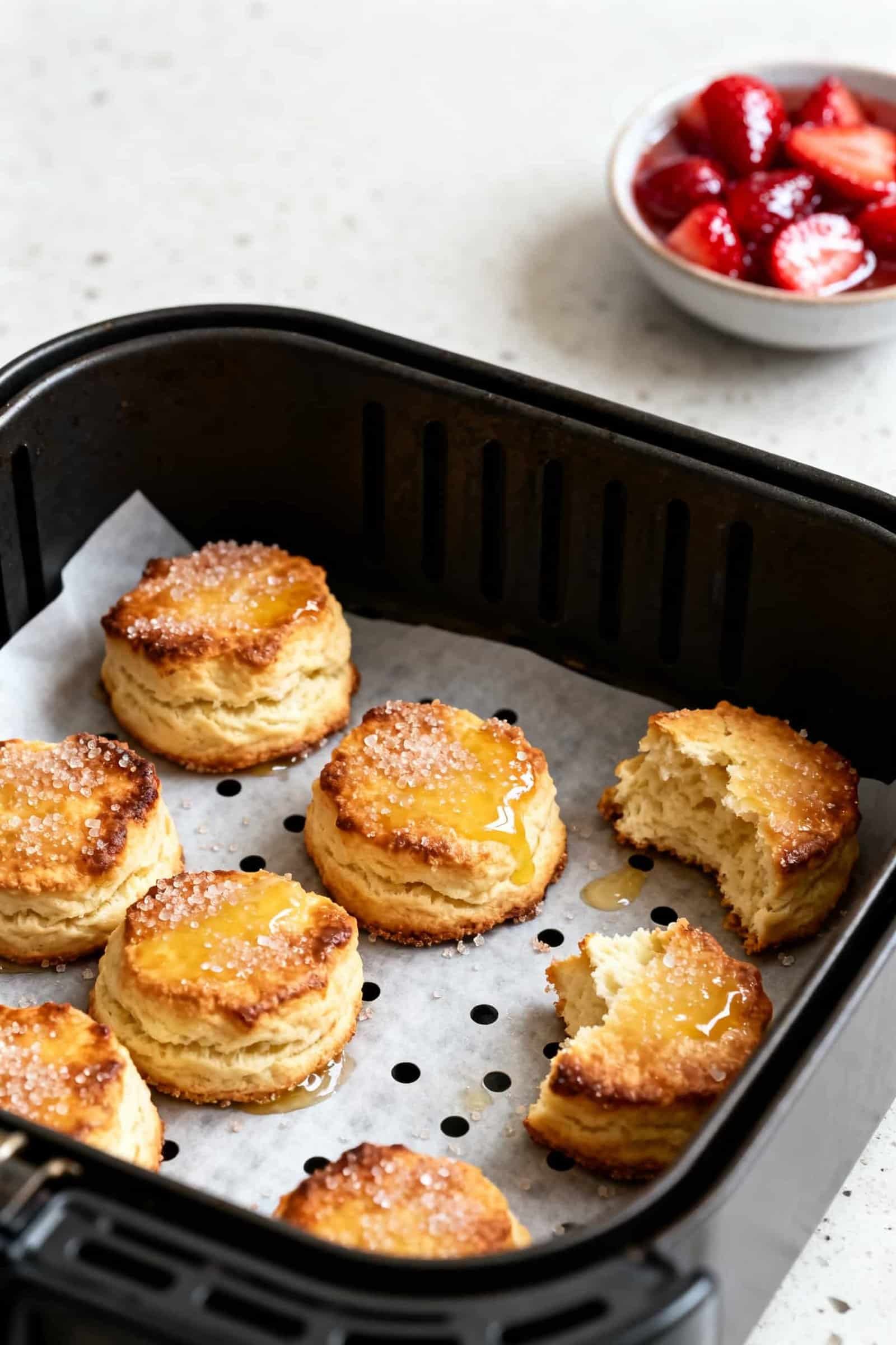 Close-up process shot: Golden, puffed biscuit bites just out of the air fryer basket at 350°F, brus