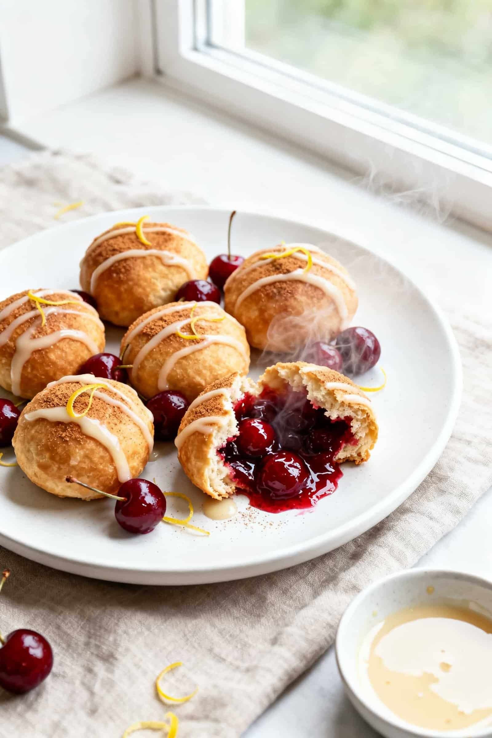 Final dish, tasty top view: Overhead shot of freshly cooked Air Fryer Cherry Pie Bombs arranged on a