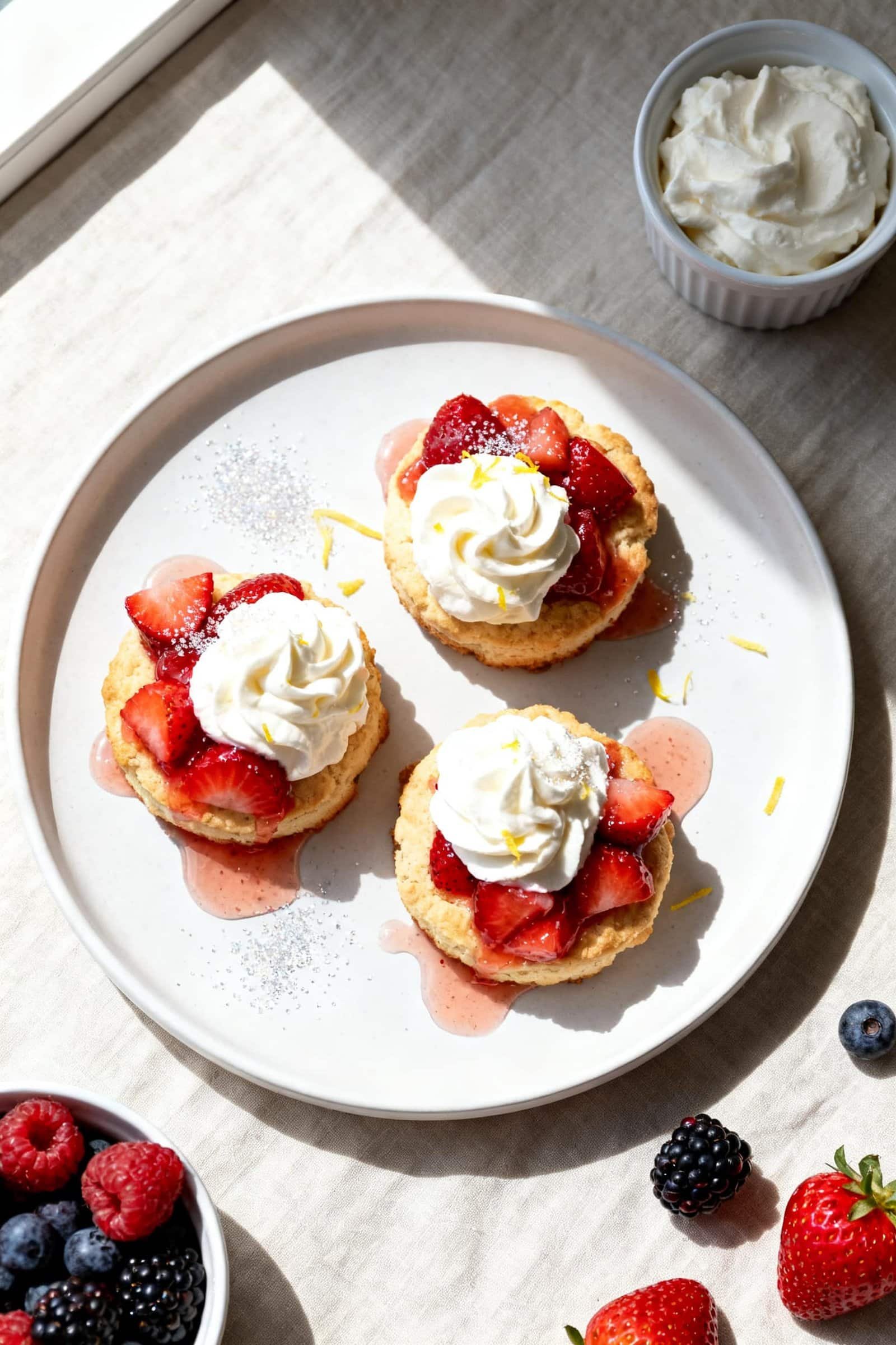 Final plated overhead: Air Fryer Strawberry Shortcake Biscuit Bites assembled on a matte white round