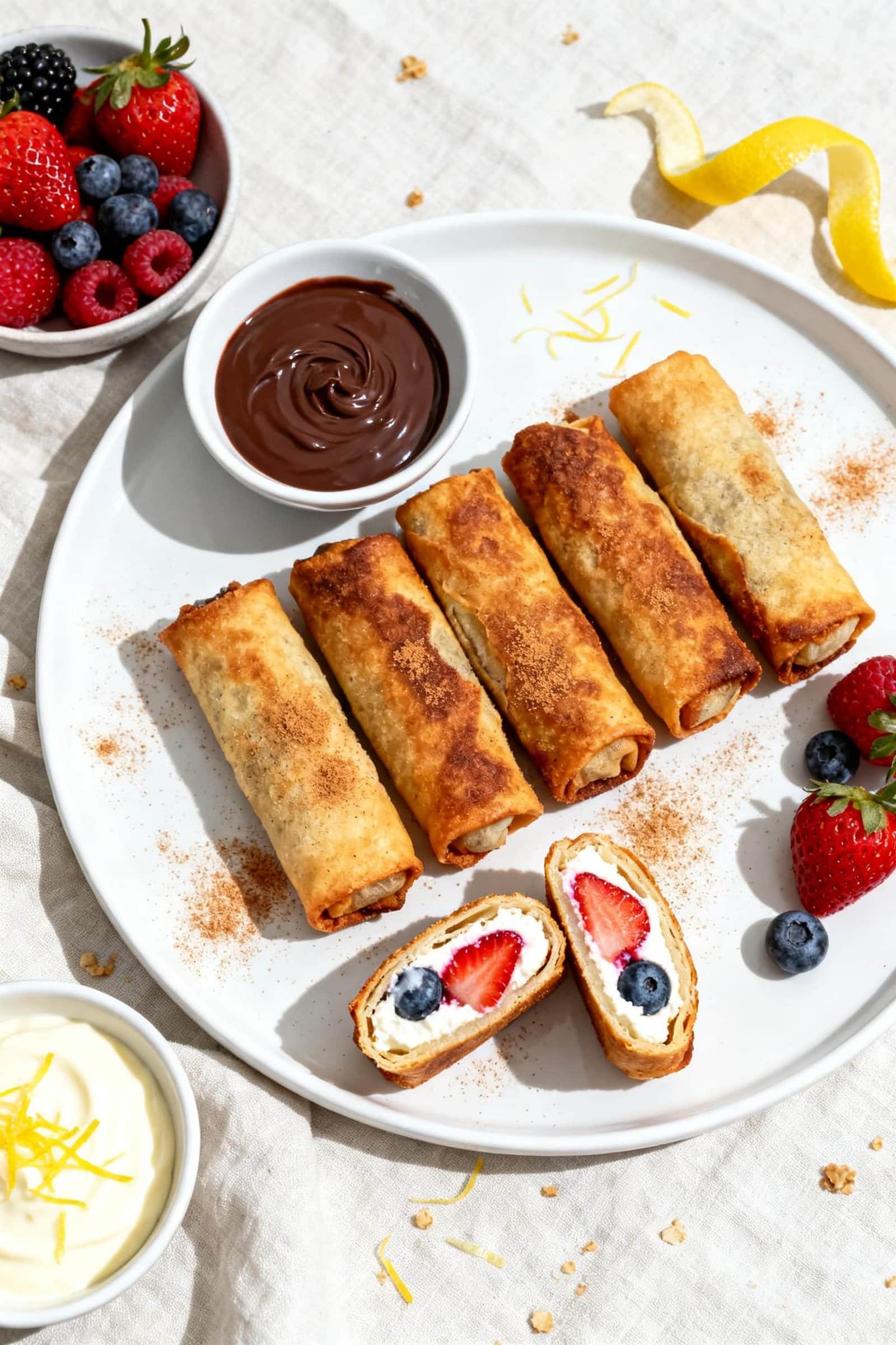 Overhead final presentation: a modern white platter arranged with 6–8 air-fried berry cheesecake e