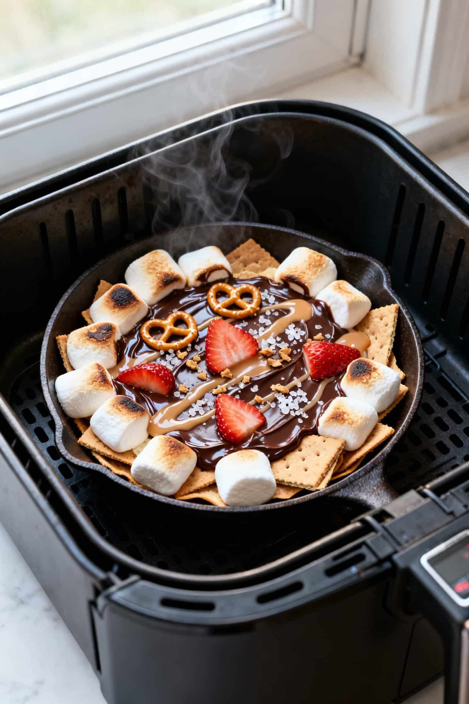 Overhead shot of air fryer s’mores nachos just finished cooking in a small cast-iron skillet set i