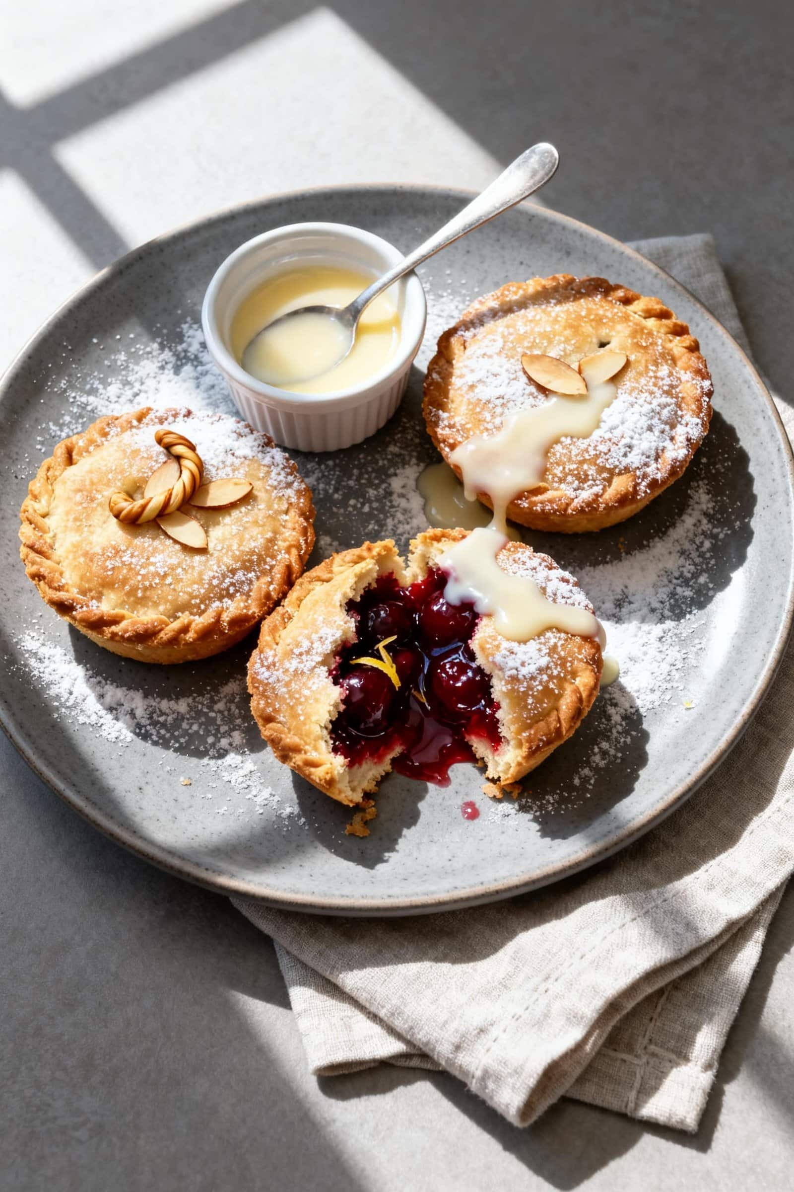 Tasty top view, final presentation: Overhead shot of a plate of air-fried mini cherry pies, deeply g