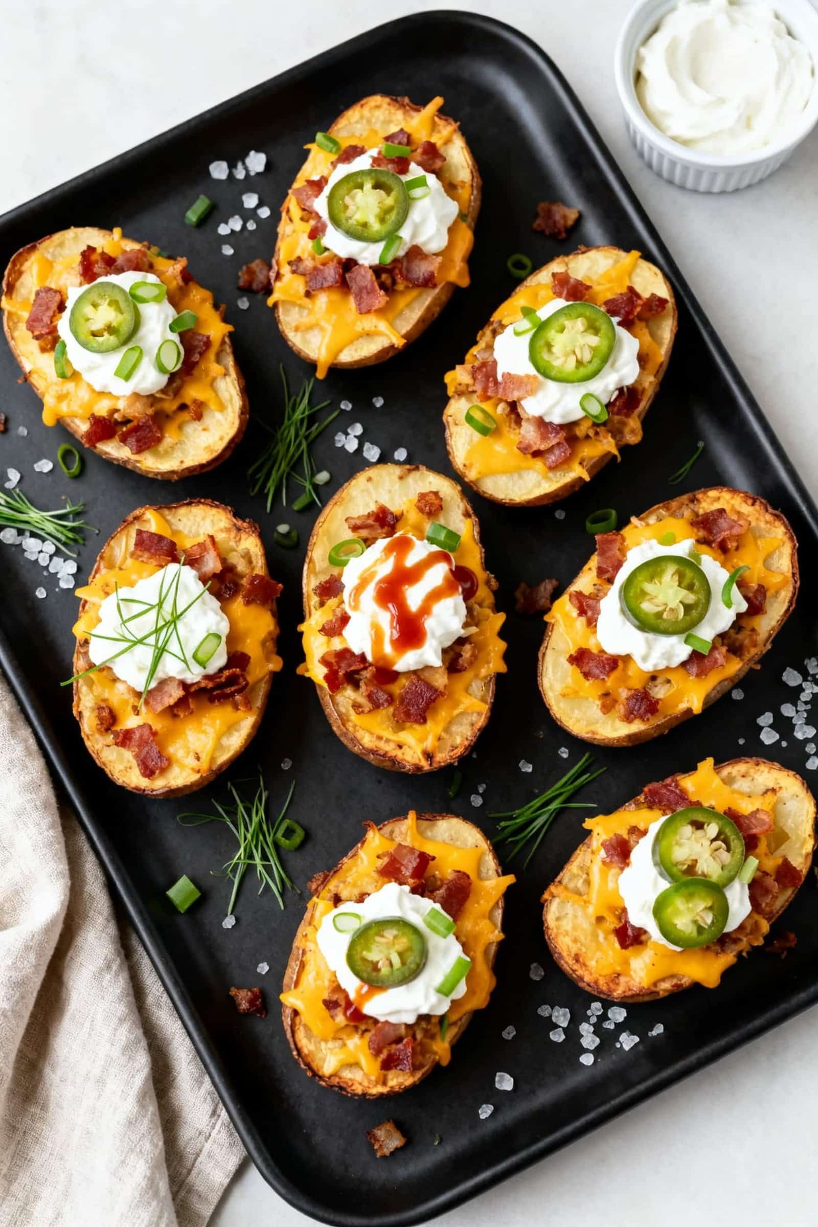 Tasty top view final presentation: Overhead shot of a platter of finished loaded potato skins on a m